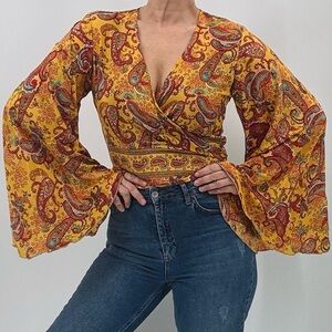 Vintage Y2K Boho Hippie Groovy 100% Silk Paisley Bell Sleeve Wrap Top Blouse